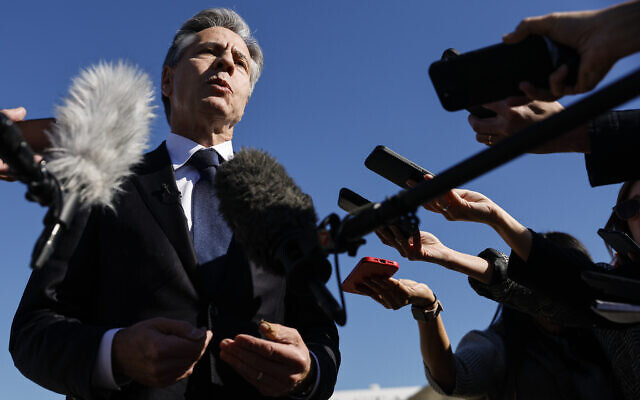 US Secretary of State Antony Blinken talks to reporters prior to boarding his plane en route to the Middle East and Asia, at Andrews Air Force Base. Md., Thursday, Nov. 2, 2023. (Jonathan Ernst/Pool via AP)