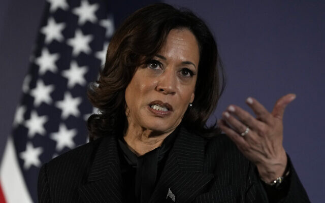 US Vice President Kamala Harris speaks to the media after the end of the AI Safety Summit at Bletchley Park in Milton Keynes, England, November 2, 2023. (AP Photo/Alastair Grant)