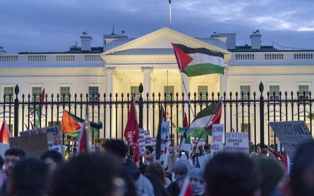 Activists protest outside of the White House during a pro-Palestinian demonstration in Washington, November 4, 2023. (AP/Jose Luis Magana)