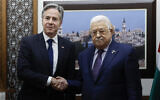 US Secretary of State Antony Blinken meets with Palestinian Authority President Mahmoud Abbas amid the ongoing conflict between Israel and the Palestinian Islamist terror group Hamas, in Ramallah in the West Bank, November 5, 2023. (Jonathan Ernst/Pool photo via AP)