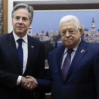 US Secretary of State Antony Blinken meets with Palestinian Authority President Mahmoud Abbas amid the ongoing conflict between Israel and the Palestinian Islamist terror group Hamas, in Ramallah in the West Bank, November 5, 2023. (Jonathan Ernst/Pool photo via AP)