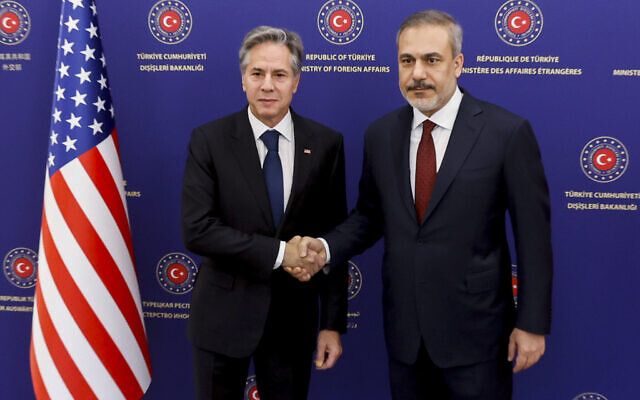 US Secretary of State Antony Blinken, left, meets with Turkish Foreign Minister Hakan Fidan, amid the ongoing war between Israel and Hamas, at the Ministry of Foreign Affairs in Ankara, Turkey, Monday, Nov. 6, 2023. (Jonathan Ernst/Pool Photo via AP)