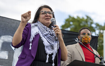 Rep. Rashida Tlaib, Democrat of Michigan, speaks during a demonstration calling for a ceasefire in Gaza, October 18, 2023, near the Capitol in Washington.  (AP Photo/Amanda Andrade-Rhoades, File)