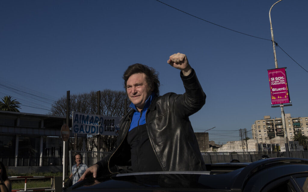 Presidential candidate of the Liberty Advances coalition Javier Milei greets supporters during a rally in Buenos Aires, Argentina, November 6, 2023. (AP Photo/Rodrigo Abd)