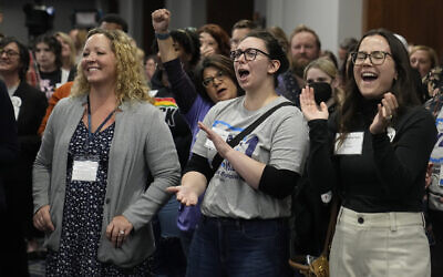 Supporters of the Issue 1 abortion measure cheer at a watch party, Nov. 7, 2023, in Columbus, Ohio. (AP Photo/Sue Ogrocki)