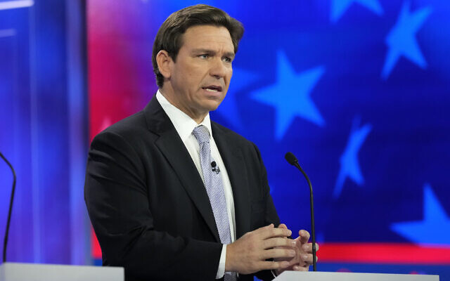 Florida Governor Ron DeSantis speaks during a Republican presidential primary debate hosted by NBC News, November 8, 2023, at the Adrienne Arsht Center for the Performing Arts of Miami-Dade County in Miami. (AP Photo/Rebecca Blackwell)
