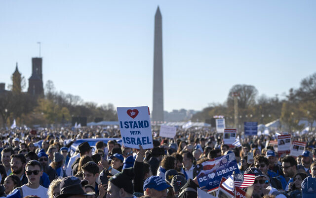 Supporters gather on the National Mall at the March for Israel on November 14, 2023, in Washington. (AP Photo/Mark Schiefelbein)