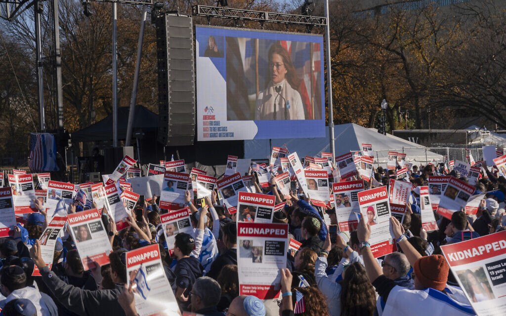 Actor Debra Messing, seen from a video monitor speaks during a March for Israel rally on the National Mall in Washington, November 14, 2023. (AP Photo/Manuel Balce Ceneta)