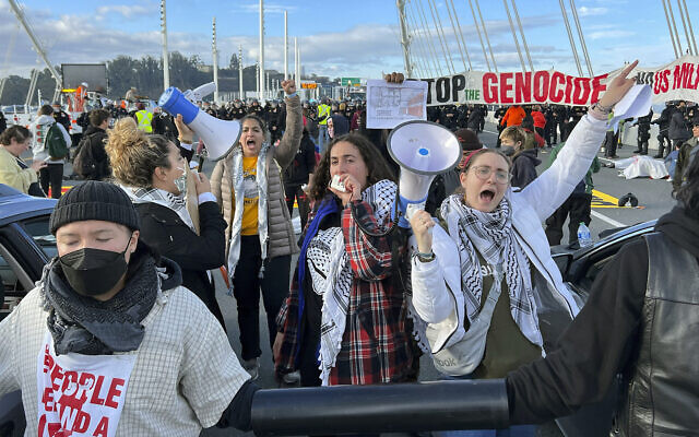Demonstrators calling for a ceasefire in Gaza after shutting down the San Francisco-Oakland Bay Bridge in conjunction with the APEC Summit taking place, November 16, 2023, in San Francisco. (AP/Noah Berger)