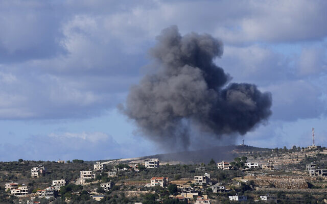 Illustrative: Black smoke rises from an Israeli airstrike on the outskirts of Aita al-Shaab, a Lebanese border village with Israel, as it is seen from Rmeish village in south Lebanon, Tuesday, Nov. 21, 2023 (AP Photo/Hussein Malla)