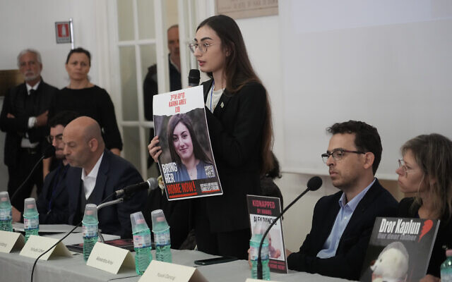 Alexandra Ariev, center, speaks during a press conference at the Italian Jewish Center in Rome, November 22, 2023, with other representatives of the families of the Israelis abducted by Hamas on October 7 and believed to be held hostage by terrorists in Gaza, shortly after they met with Pope Francis at The Vatican. (AP Photo/Gregorio Borgia)