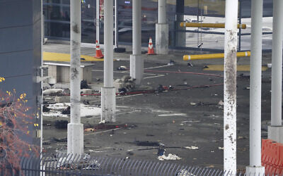 Debris is scattered about inside the customs plaza at the Rainbow Bridge border crossing, in Niagara Falls, New York, November 22, 2023. (Derek Gee/ The Buffalo News via AP)