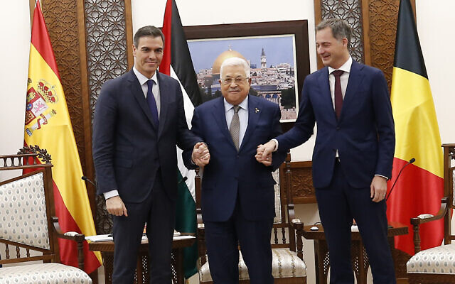 Palestinian President Mahmoud Abbas, center, meets with Spain's Prime Minister Pedro Sanchez, right, and Belgium's Prime Minister Alexander De Croo in the West Bank city Ramallah, on Thursday, Nov. 23, 2023. (Alaa Badarneh/Pool via AP)