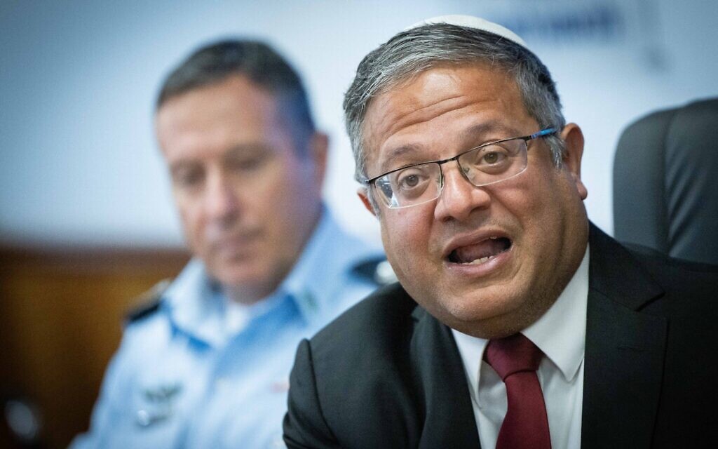 National Security Minister Itamar Ben Gvir (R) and Coastal Police commander Yoram Sofer in Jerusalem to present a new proposal to eradicate crime in the Arab sector, August 17, 2023. (Yonatan Sindel/Flash90)