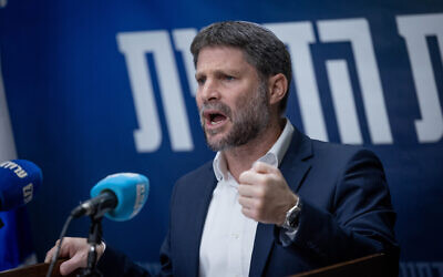 Finance Minister Bezalel Smotrich speaks at a Religious Zionism party faction meeting at the Knesset in Jerusalem, November 27, 2023. (Chaim Goldberg/Flash90)