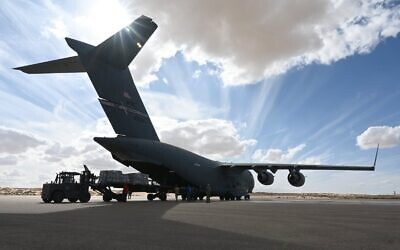 A US military plane containing aid for Gaza arrives in Egypt on November 28, 2023. (CENTCOM)