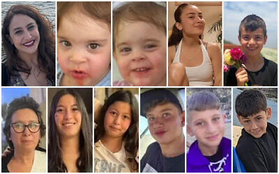 Israeli hostages released on November 27, 2023: Top L-R: Sharon Aloni Cunio and her children Emma and Yuli, siblings Sahar and Erez Calderon; bottom: Karina Engel-Bart and her children Mika and Yuval, siblings Yagil and Or Yaakov, and Eitan Yahalomi. (Courtesy; combination image: Times of Israel)