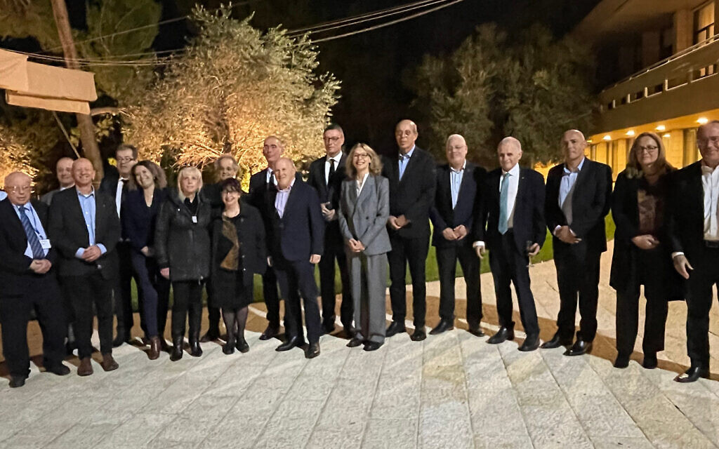 Members of Max Planck Society delegation with presidents and vice presidents of Israeli universities at the Van Leer Jerusalem Institute, November 28, 2023. (Renee Ghert-Zand/TOI)