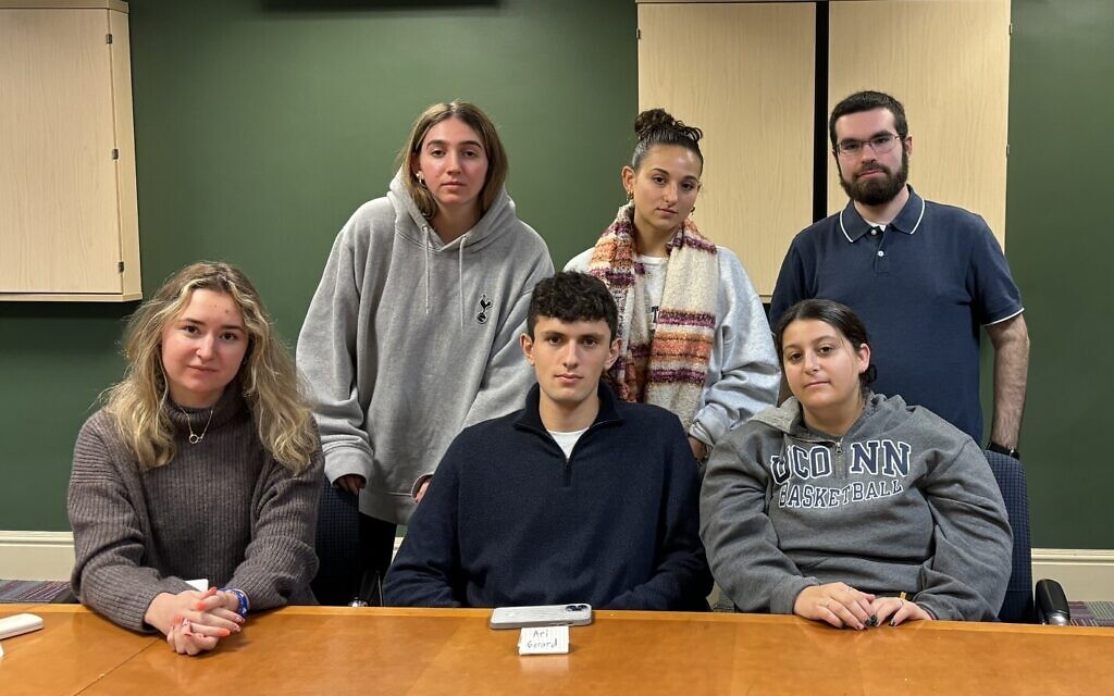 Students from The University of Connecticut participated in a roundtable discussion with The Times of Israel about the antisemitism they are facing on campus. Counter-clockwise from bottom left: Maya Mazor, Ari Gerard, Jessica Baden, Leo Gold, Laura Augenbraun, Julianne Katz. (Not pictured, Troy Sweet). (Cathryn J. Prince/Times of Israel)