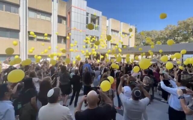 Israelis release balloons at Bar Ilan University to remember the 240 hostages taken by terror group Hamas during its October 7, 2023 assault, on November 7, 2023. (Courtesy Alon Korngreen)