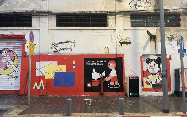 One of the 38 Tel Aviv Walls of Hope street paintings curated by street artist yamb0x.eth with Free Our Kids IL, in effort to create international pressure to free the 38 children held hostage by Hamas since October 7, 2023 (Jessica Steinberg/Times of Israel)