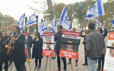 Protesters at a demonstration outside of the United Nations in New York City on behalf of hostages held in Gaza by Hamas terrorists, November 7, 2023. (Sarah Rosen)