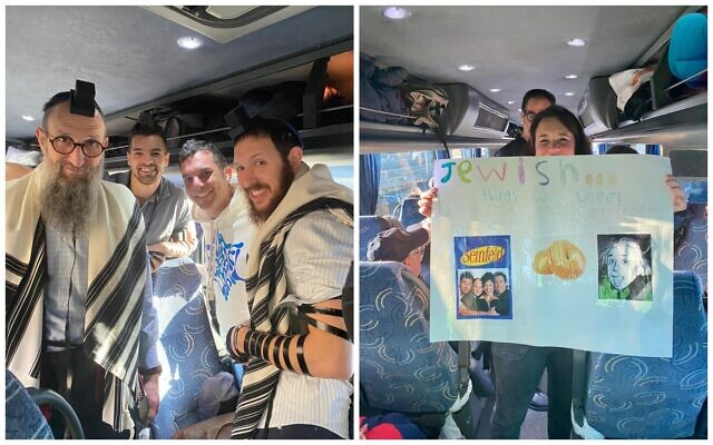 Jews from Brooklyn aboard a bus en route to Washington for a pro-Israel rally on November 14, 2023. (Sarah Rosen/Times of Israel)