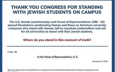 A full page ad from the Orthodox Union includes the text from a US House Resolution condemning antisemitism on college campuses. (Courtesy Orthodox Union via JTA)