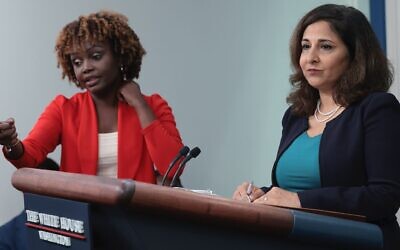 White House press secretary Karine Jean-Pierre, left, and Domestic Policy Advisor Neera Tanden, right, answer questions during the daily press briefing at the White House, August 29, 2023. (Win McNamee/Getty Images via JTA)