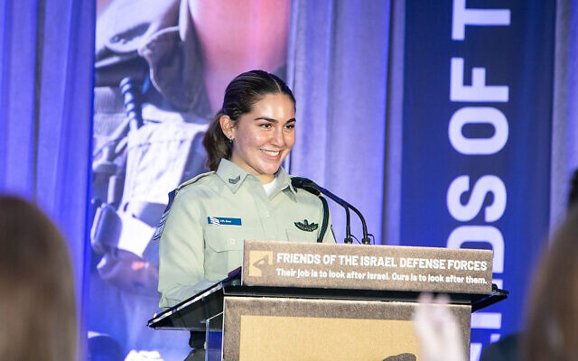 Sgt. Rose Lubin, speaking at an FIDF dinner in April 2023, in her hometown of Atlanta, Georgia. (Courtesy)