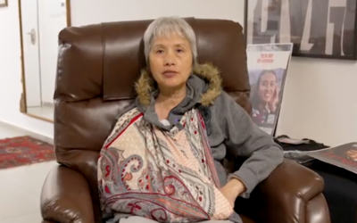 Liora Argamani in a recorded video message for her daughter, Noa Argamani, held hostage by Hamas since October 7, 2023 (Courtesy Sarai Givaty and Keren Kozlova)