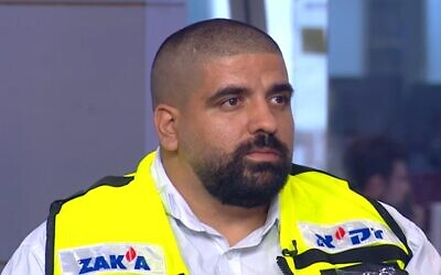 Jamal Waraqi, an Arab Israeli volunteer for the ZAKA rescue service, November 13, 2023. (Channel 12 screenshot: used in accordance with Clause 27a of the Copyright Law)