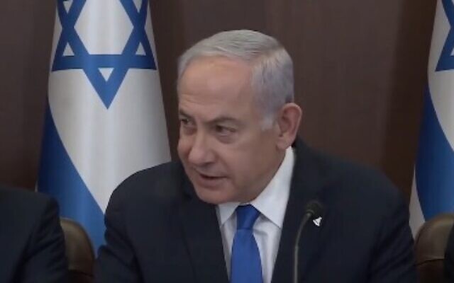 Prime Minister Benjamin Netanyahu addresses a cabinet meeting on November 27, 2023. (Screen capture/X)