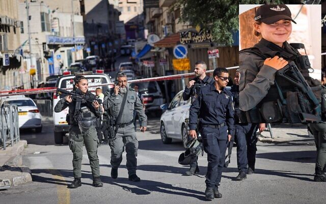 Israeli security forces and rescue forces at the scene of an attack outside a police station outside Jerusalem's Old City, November 6, 2023. (Chaim Goldberg/ Flash90) The inset picture is of Sgt. Rose Elisheva Lubin, who was killed in the attack. (Israel Police)
