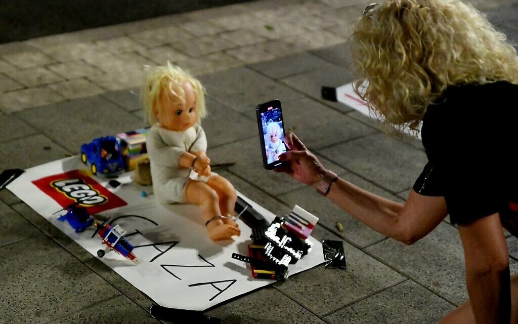 A toy installation near Tel Aviv Museum about children abducted to Gaza, marking one month since Hamas's October 7 onslaught, November 7, 2023. (Danor Aharon)