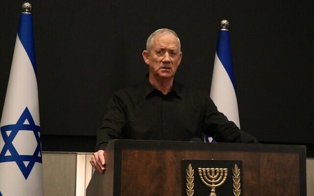Minister Benny Gantz holds a press conference in Tel Aviv, October 26, 2023. (Courtesy)
