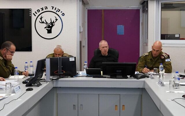 Defense Minister Yoav Gallant during an assessment in the north on November 18, 2023. (Ariel Hermoni/Defense Ministry)