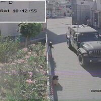 A stolen IDF vehicle is seen at Gaza City's Shifa Hospital, as seen on surveillance footage from October 7, 2023. (IDF)