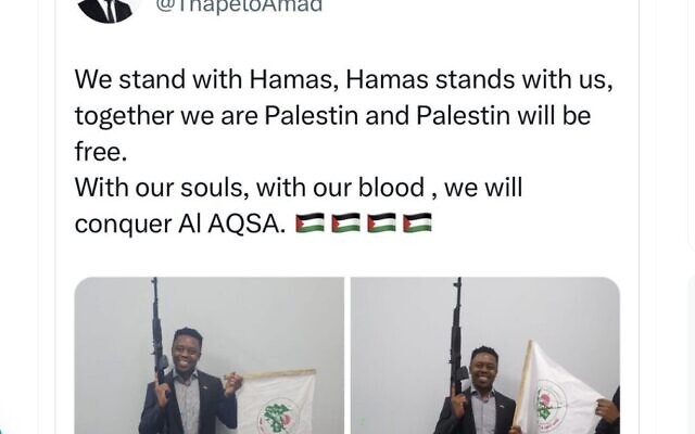 A screen capture on November 21, 2023 showing images published by a former mayor of Johannesburg, Thapelo Amad, with a rifle and a caption praising terror group Hamas. (Screen capture, used in accordance with Clause 27a of the Copyright Law)