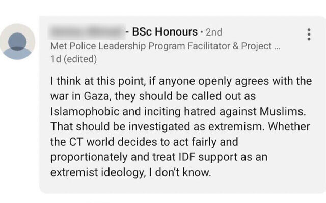 A post allegedly by a program manager at London's Met Police says those supporting Israel should be investigated for extremism. (screenshot)