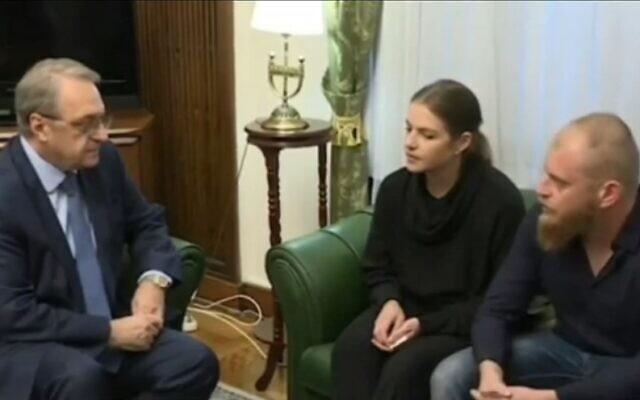 Relatives of released Israeli-Russian hostage Roni Krivoi meet in Russia with Deputy Foreign Affairs Minister Mikhail Bogdanov (Channel 12 screenshot, November 27, 2023; used in accordance with clause 27a of the Copyright Law)