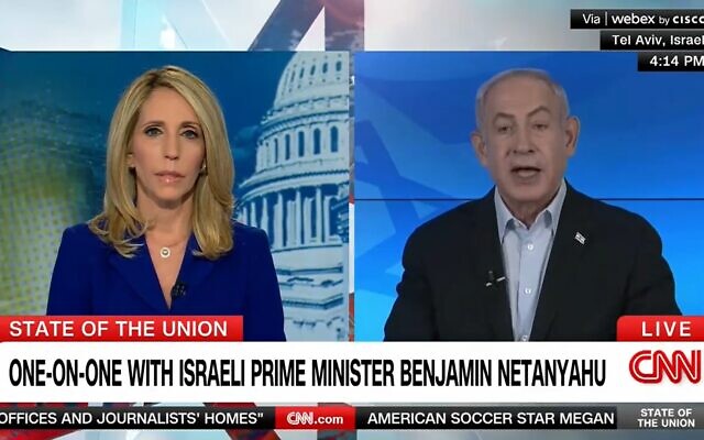 Prime Minister Benjamin Netanyahu takes part in an interview on CNN with host Dana Bash on November 12, 2023. (Screenshot used in accordance with clause 27a of the copyright law)