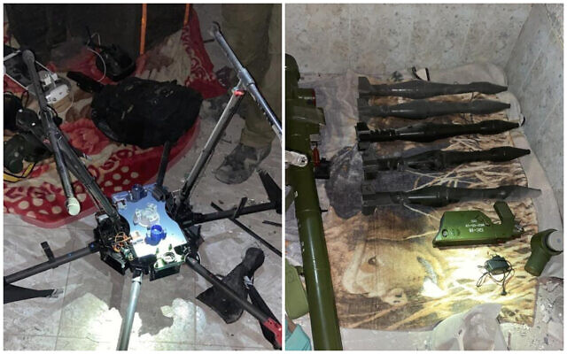 These handout photos show a Hamas drone and explosives recovered by IDF troops from a home in north Gaza's Beit Hanoun, November 5, 2023. (Israel Defense Forces)