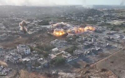 Explosions spread along the underground complex as the IDF blows up a tunnel network in Beit Hanoun, northern Gaza, in footage released on November 19, 2023. (Kan TV screenshot, used in accordance with clause 27a of the copyright law)