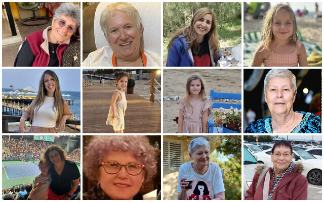 Israeli hostages released on November 24, 2023: Top from L-R: Adina Moshe, Margalit Moses, Danielle Aloni and her daughter Emilia; middle: Doron Asher and her daughters Raz and Aviv, Hannah Katzir; bottom row: Keren Munder and her son Ohad, Ruti Munder, Yaffa Adar and Channah Peri. (Courtesy)