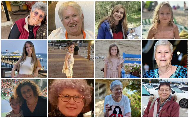 Israeli hostages released on November 24, 2023: Top from L-R: Adina Moshe, Margalit Moses, Danielle Aloni and her daughter Emilia; middle: Doron Asher and her daughters Raz and Aviv, Hannah Katzir; bottom row: Keren Munder and her son Ohad, Ruti Munder, Yaffa Adar and Channah Peri. (Photos: Courtesy; combination image: Times of Israel)