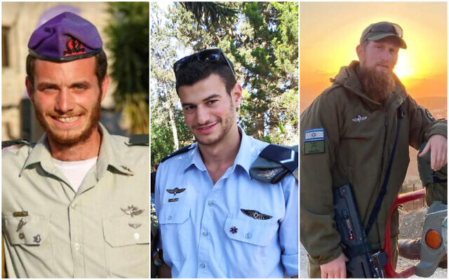 Maj. Yehuda Natan Cohen, Master Sgt. Lior Arazi, Staff Sgt. Yonadav Raz Levenstein, killed in the Gaza Strip on November 3, 2023. (Courtesy)