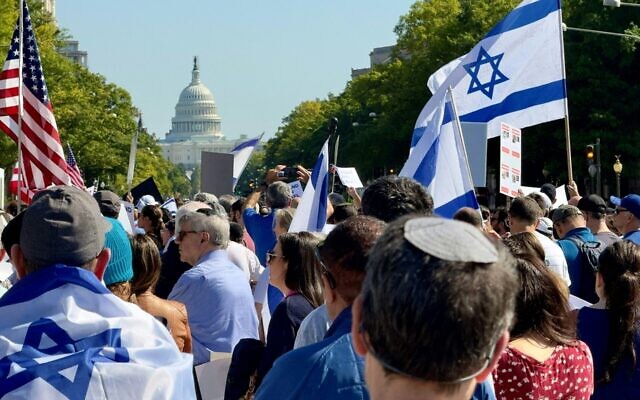 Supporters of Israel protest near the U.S. Capitol, Oct. 13, 2023. (Daniel Slim//AFP via Getty Images, via JTA)