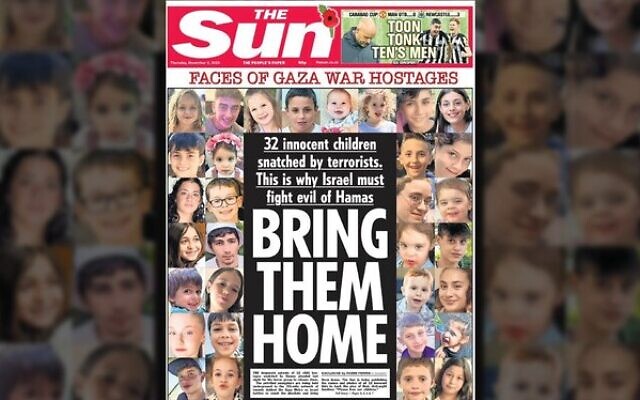 The front page of Britain's The Sun newspaper, November 2, 2023, showing the faces of children kidnapped by Hamas. (The Sun. Used in accordance with Clause 27a of the Copyright Law)