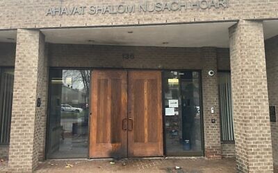 The front doors of Congregation Beth Tikvah in the Montreal suburb of Dollard-des-Ormeau were hit with a firebomb, November 6, 2023. (B'nai Brith Canada via JTA)